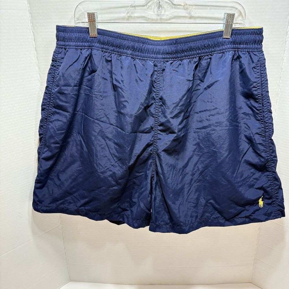 VTG 90s Polo Ralph Lauren Swim Trunks Navy Blue Yellow XXL Retro Mesh Shorts